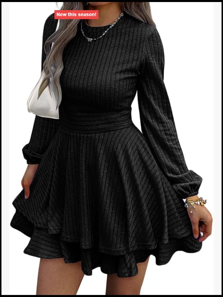 Long Sleeve Knit Lantern Sleeve Crewneck Ruffle Mini Sweater Dress A-Line
